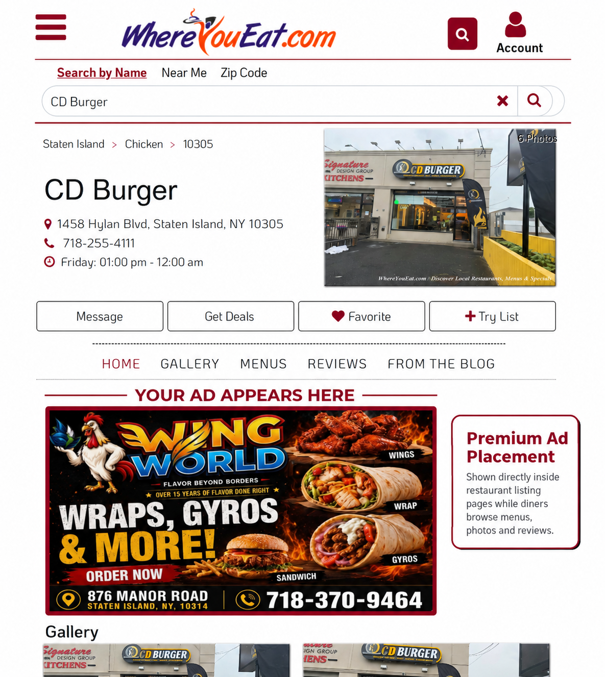Example of a WhereYouEat restaurant listing with premium ads appearing on the page