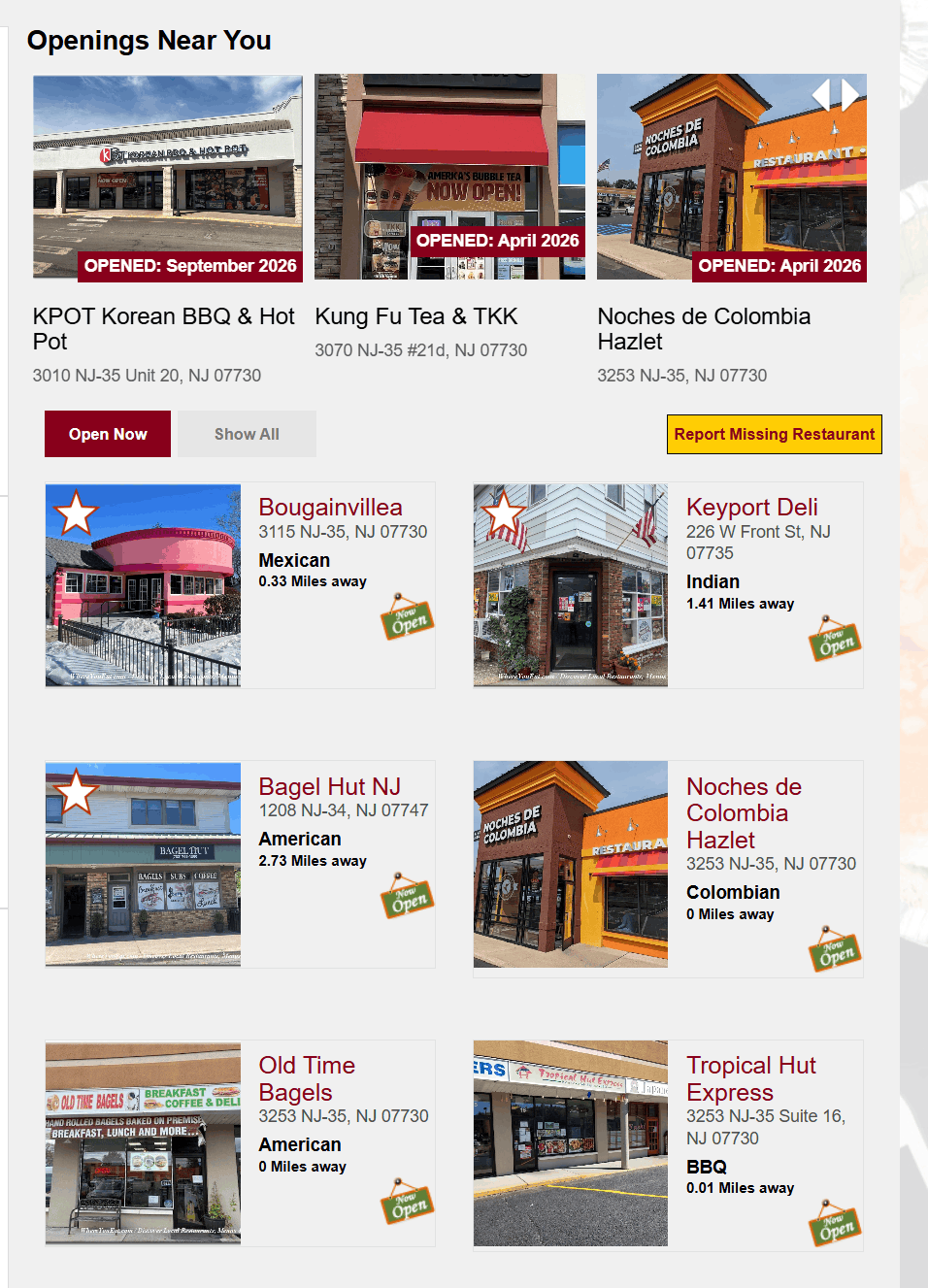 General WhereYouEat search-results example showing New Jersey restaurant listings; results vary by location.