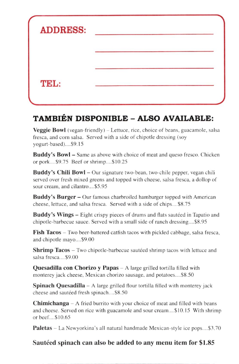 Buddy's Burrito & Taco Bar Restaurant in Brooklyn / Menus & Photos