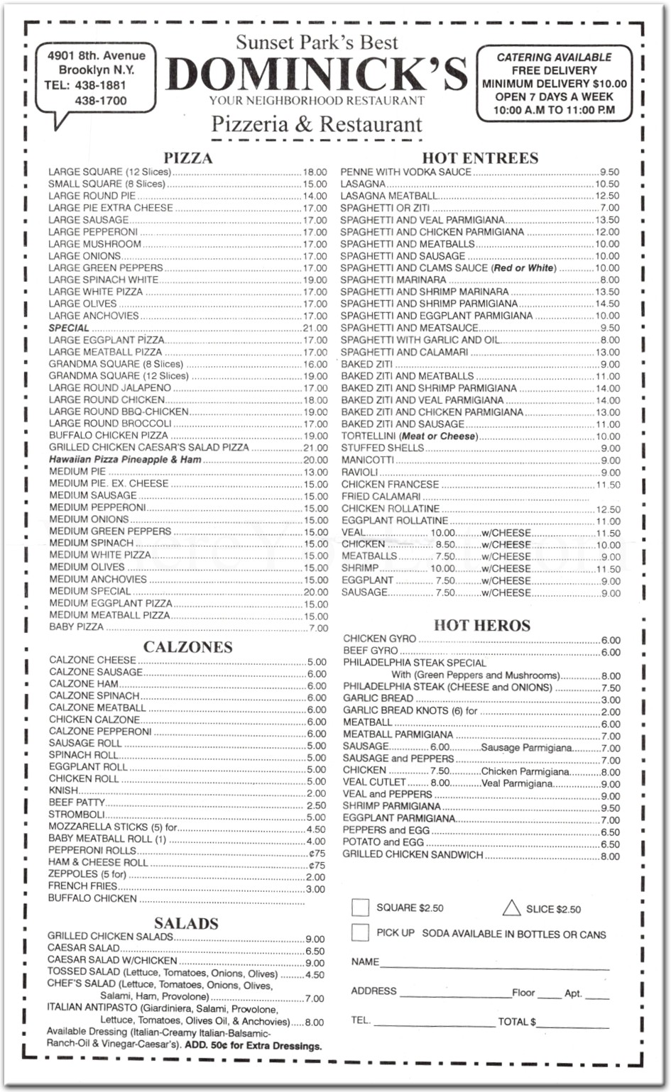 Dominick's Pizzeria Restaurant in Brooklyn / Official Menus & Photos