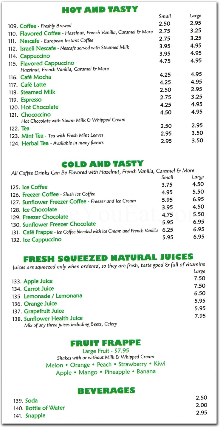 Sunflower Cafe Restaurant in Brooklyn / Official Menus & Photos