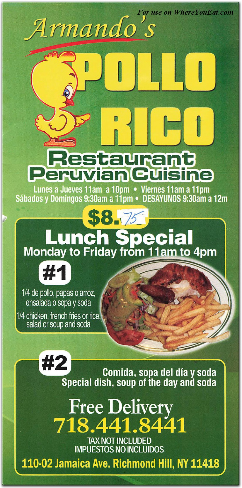 Armando's Pollo Rico Restaurant in Queens / Menus & Photos