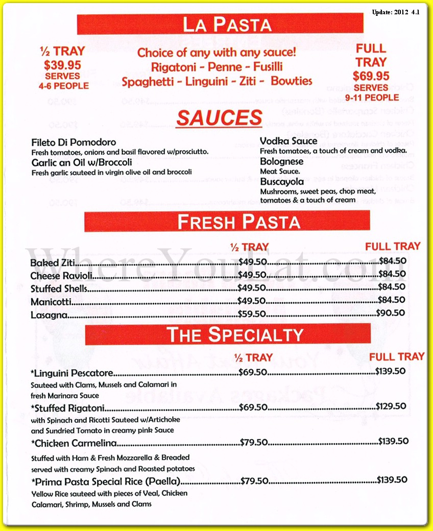 Prima Pasta Restaurant in Queens / Official Menus & Photos