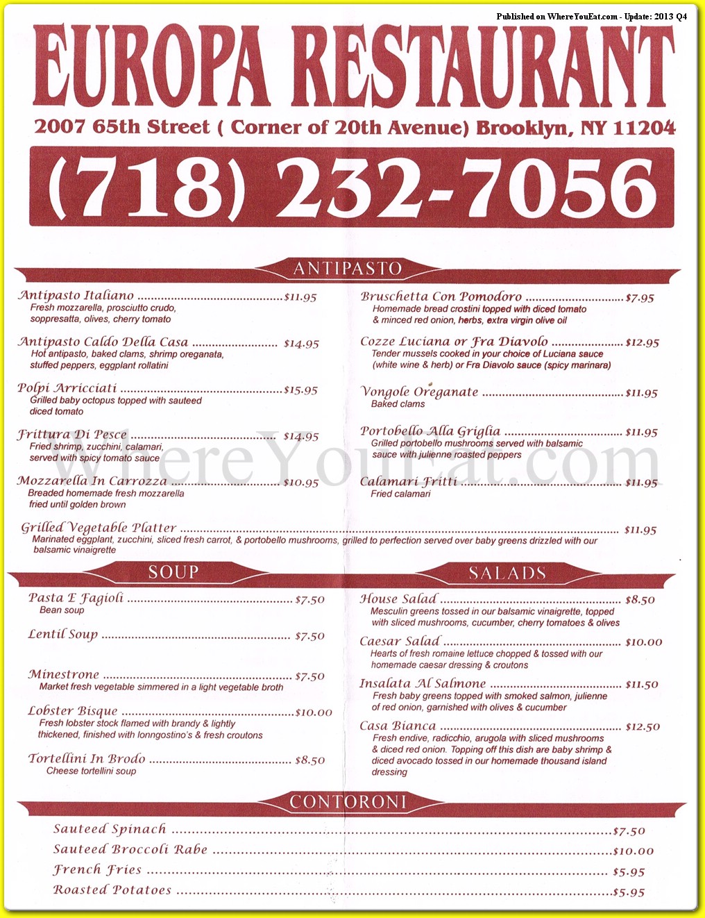 Europa Restaurant In Brooklyn Official Menus Photos