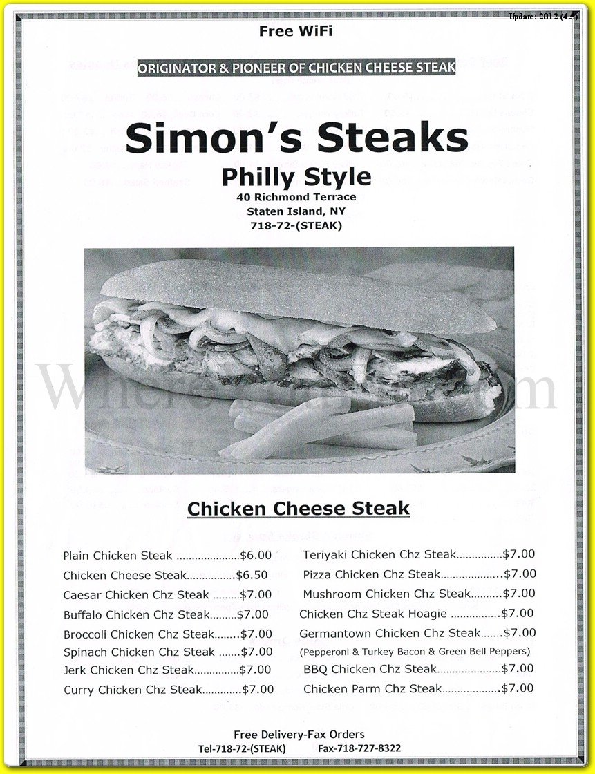 Simon Menu Simon's Steaks Restaurant in Staten Island / Menus & Photos