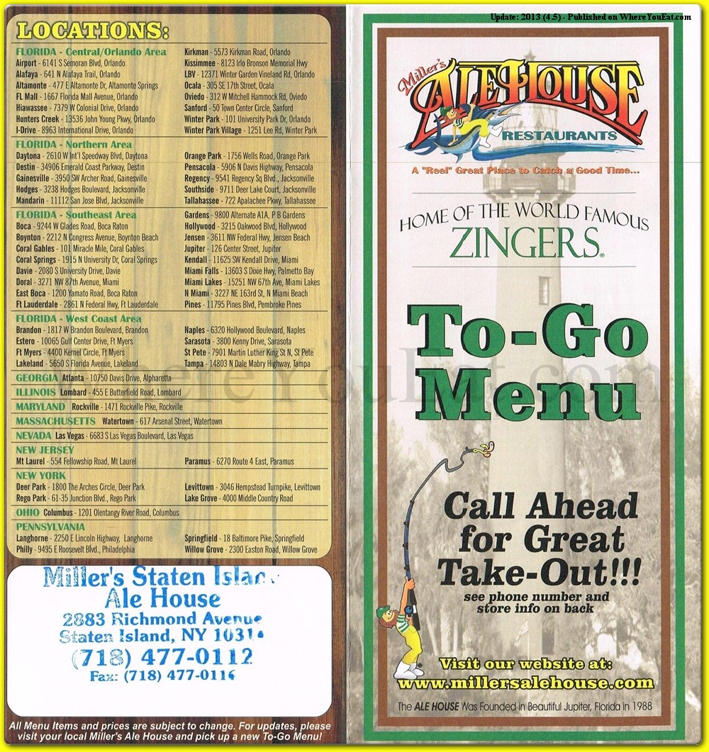 Miller s Ale House Restaurant In Staten Island Official Menus Photos