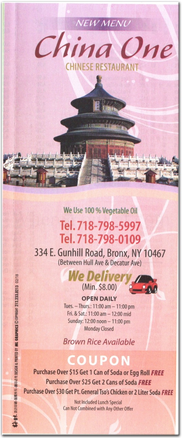 China One Restaurant In The Bronx Official Menus Photos