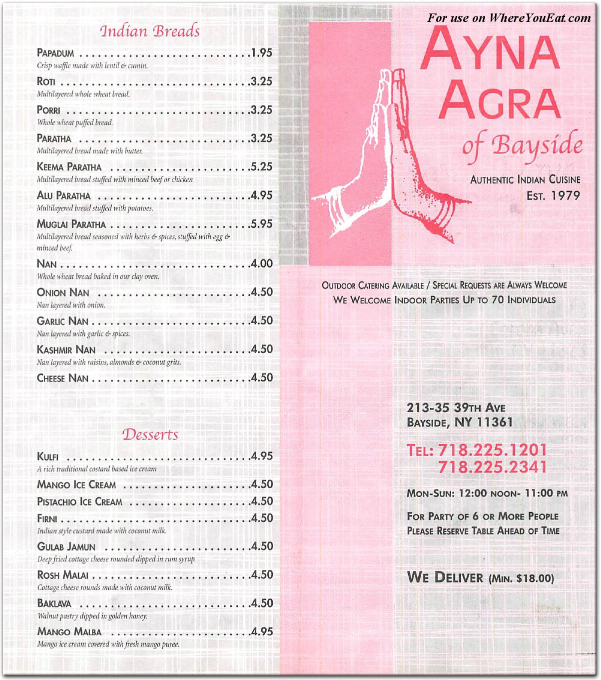 Ayna Agra Restaurant In Queens Menus Photos   Ayna Agra Page 0001 