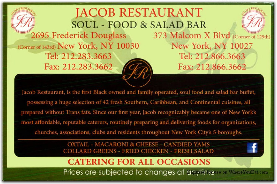 JACOB RESTAURANT Restaurant in New York / Menus & Photos