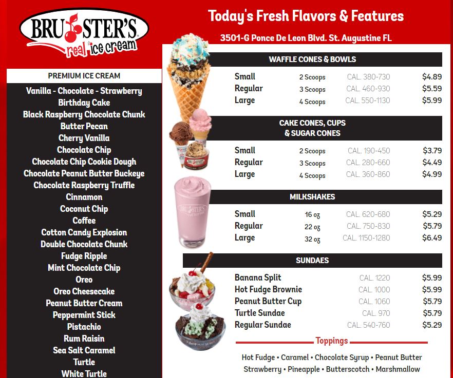 Bruster's Real Ice Cream Restaurant In St. Augustine / Menus & Photos