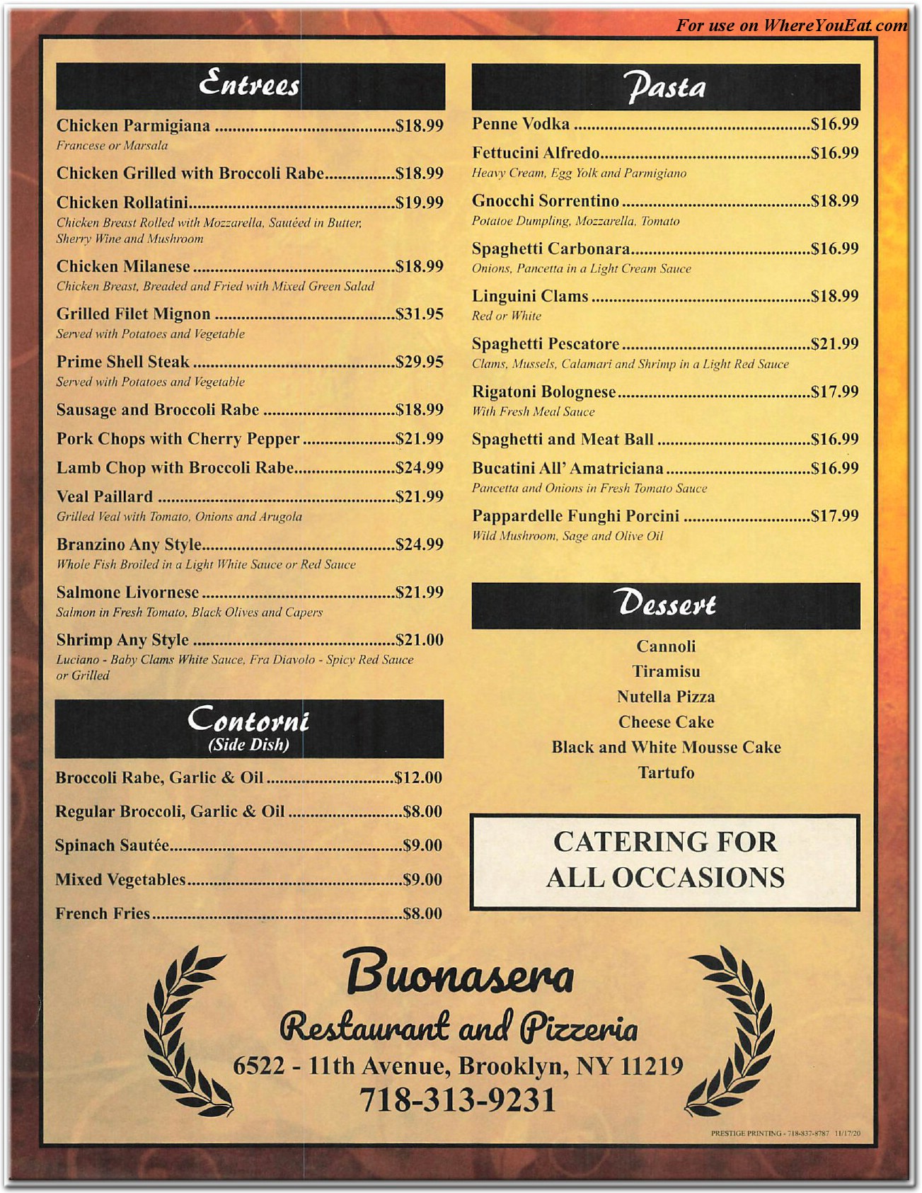 Buonasera Restaurant in Brooklyn / Official Menus & Photos