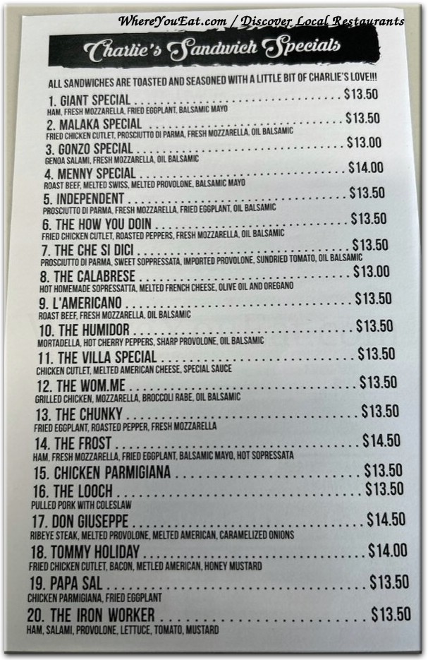 Charlie's Sandwich Shop Restaurant in Staten Island / Menus & Photos