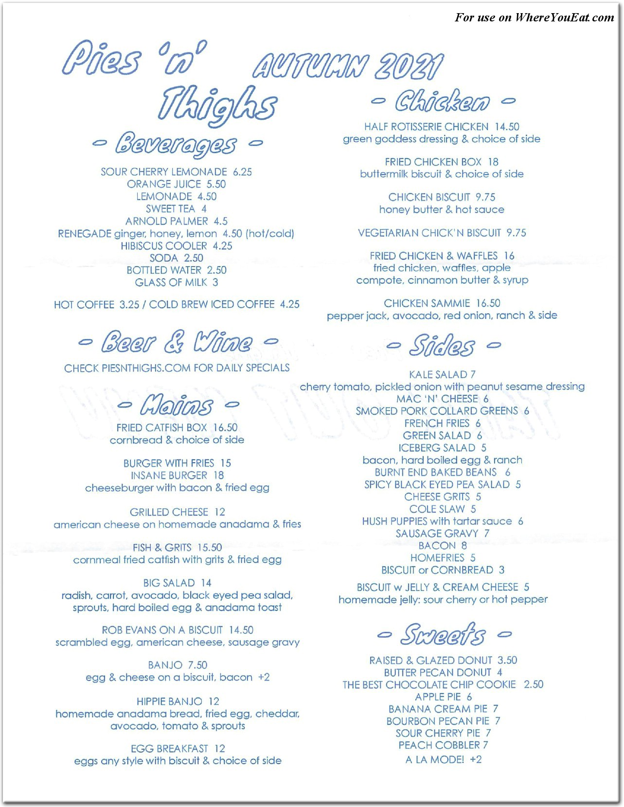 Pies 'n' Thighs Restaurant in Brooklyn / Menus & Photos