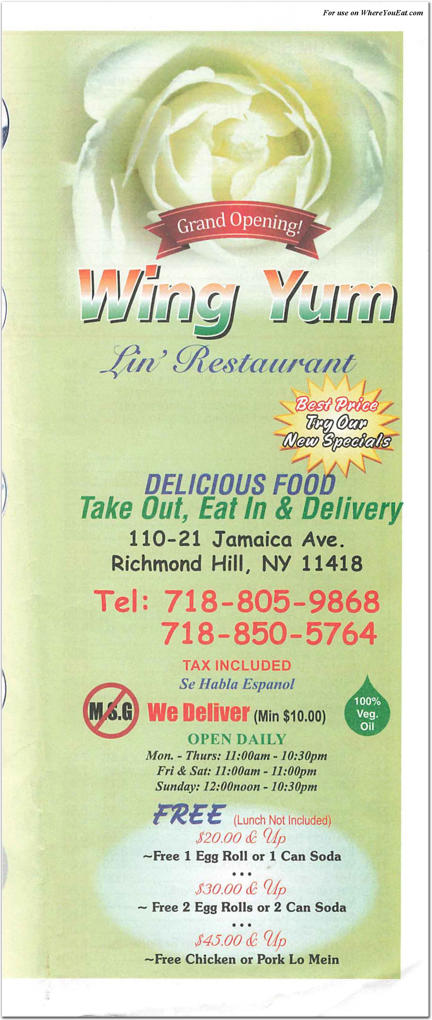 Wing Yum Restaurant in Queens / Menus & Photos