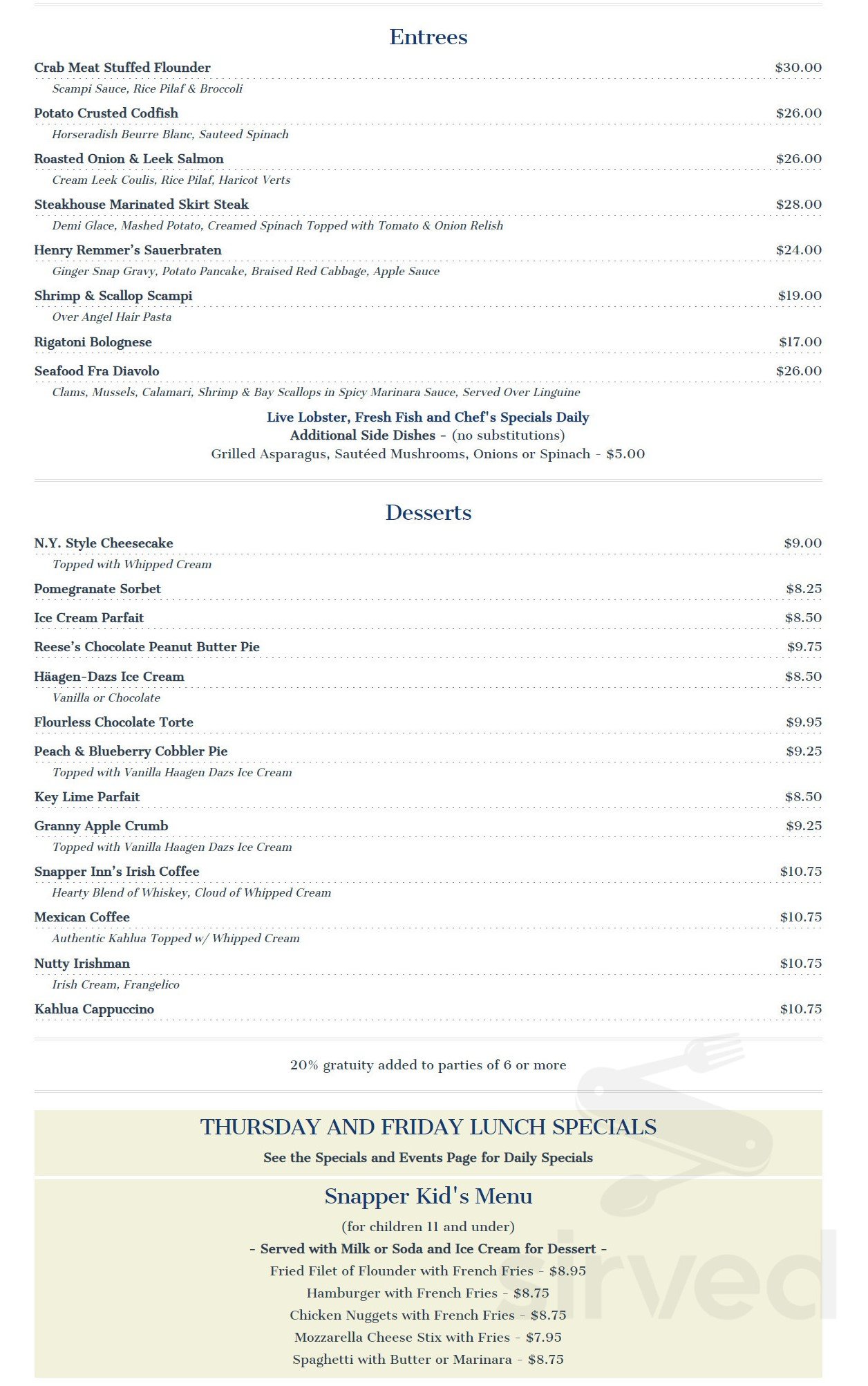 Snapper Spring Menu The Snapper Inn Restaurant in Other / Menus & Photos