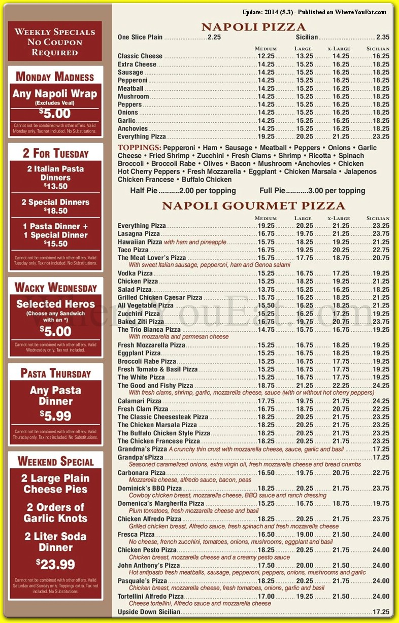 Napoli Pizza Restaurant In Staten Island Official Menus Photos